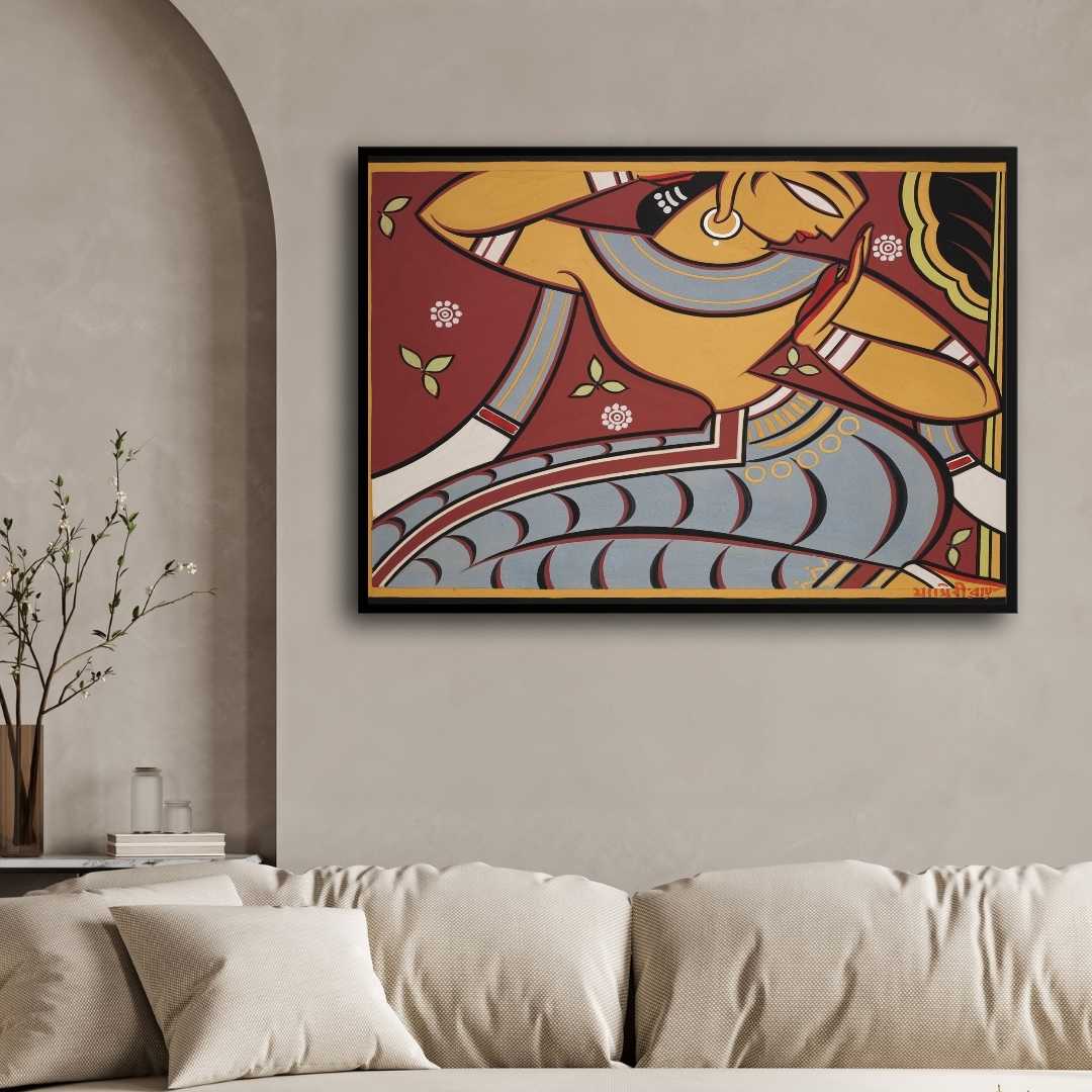 Jamini Roy Gopini Dancing Painting | Indian Folk Art Wall Painting for Living Room 3 : 2 Horizontal Premium Wall Art Canvas by MeriDeewar