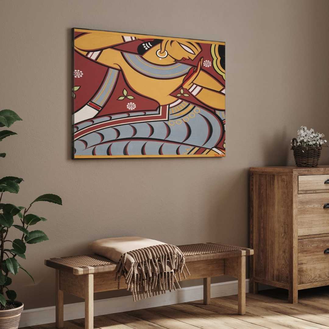 Jamini Roy Gopini Dancing Painting | Indian Folk Art Wall Painting for Living Room 3 : 2 Horizontal Premium Wall Art Canvas by MeriDeewar