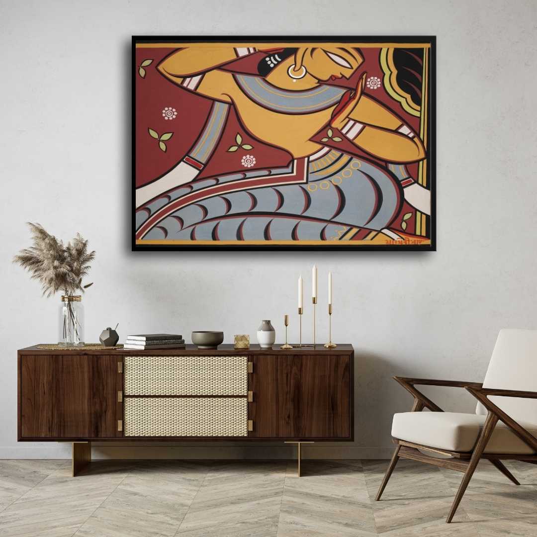 Jamini Roy Gopini Dancing Painting | Indian Folk Art Wall Painting for Living Room 3 : 2 Horizontal Premium Wall Art Canvas by MeriDeewar