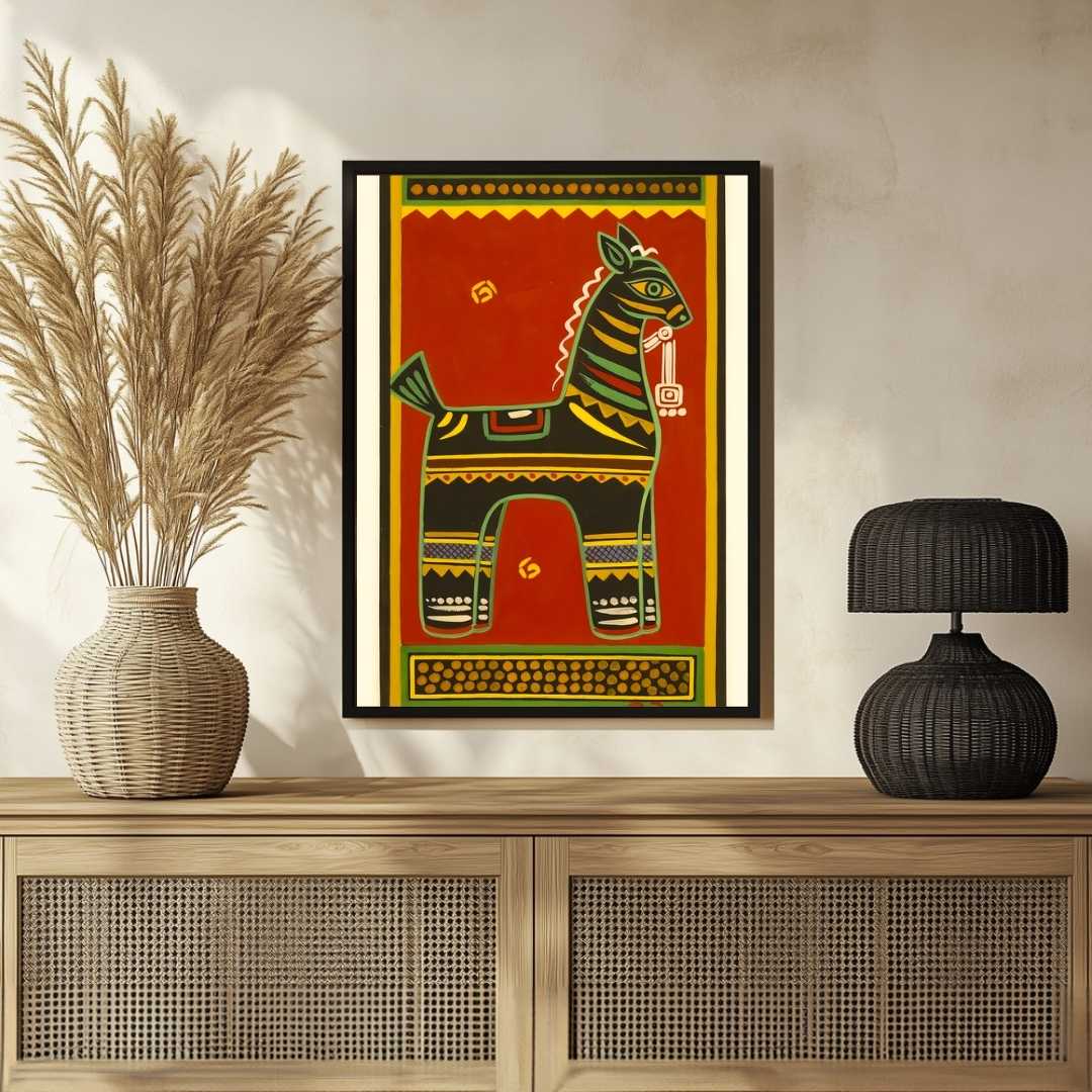 Jamini Roy Horse Painting for Living Room | Indian Folk Art Wall Painting for Home Decor 2 : 3 Vertical Premium Wall Art Canvas by MeriDeewar
