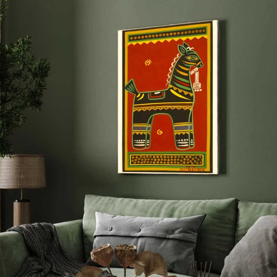 Jamini Roy Horse Painting for Living Room | Indian Folk Art Wall Painting for Home Decor 2 : 3 Vertical Premium Wall Art Canvas by MeriDeewar