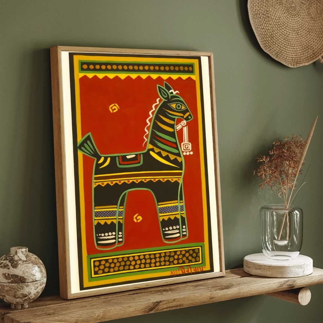 Jamini Roy Horse Painting for Living Room | Indian Folk Art Wall Painting for Home Decor 2 : 3 Vertical Premium Wall Art Canvas by MeriDeewar