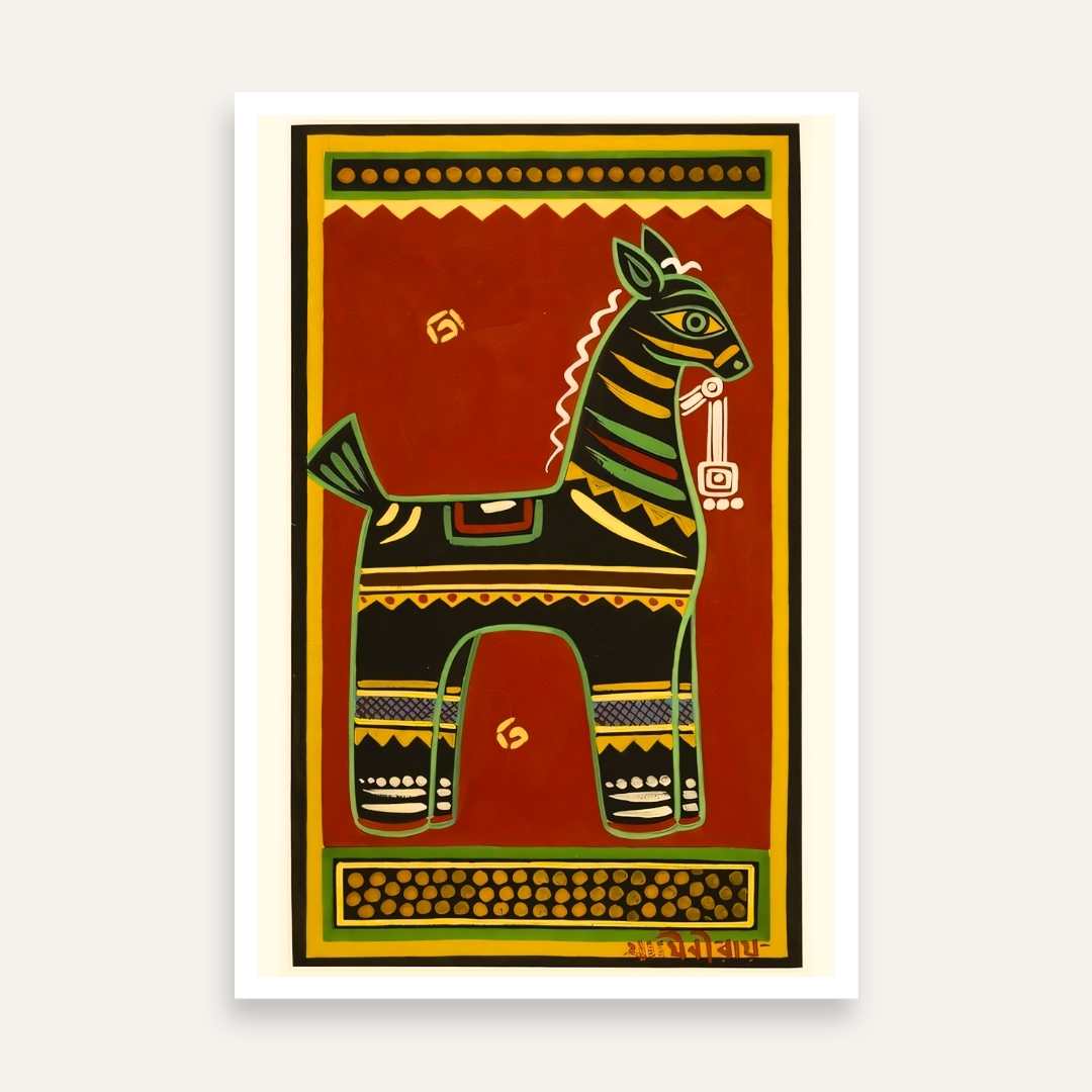 Jamini Roy Horse Painting for Living Room | Indian Folk Art Wall Painting for Home Decor 2 : 3 Vertical Premium Wall Art Canvas by MeriDeewar