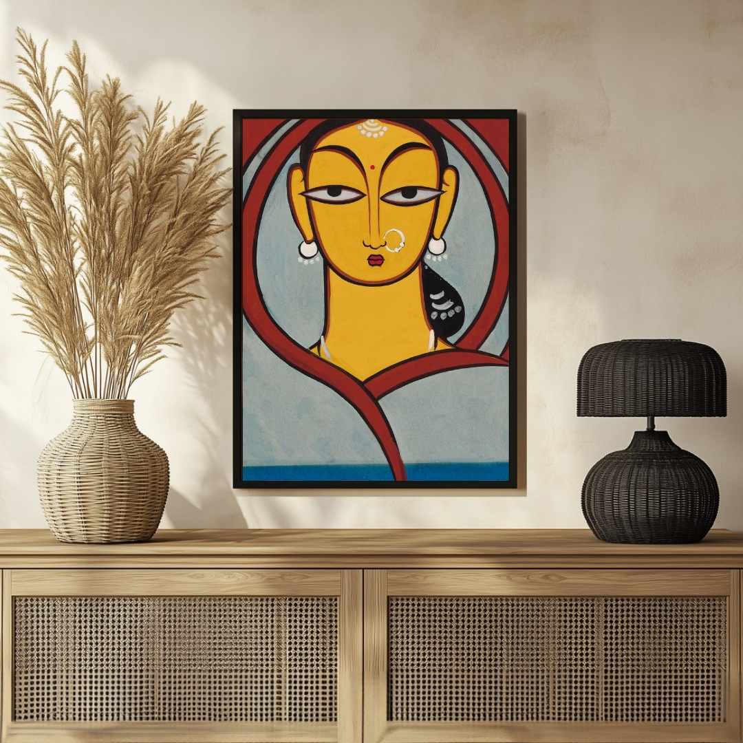 "Jamini Roy Masterpiece Portrait" Jamini Roy Painting | Fine Art Wall Art 2 : 3 Vertical Premium Wall Art Canvas by MeriDeewar