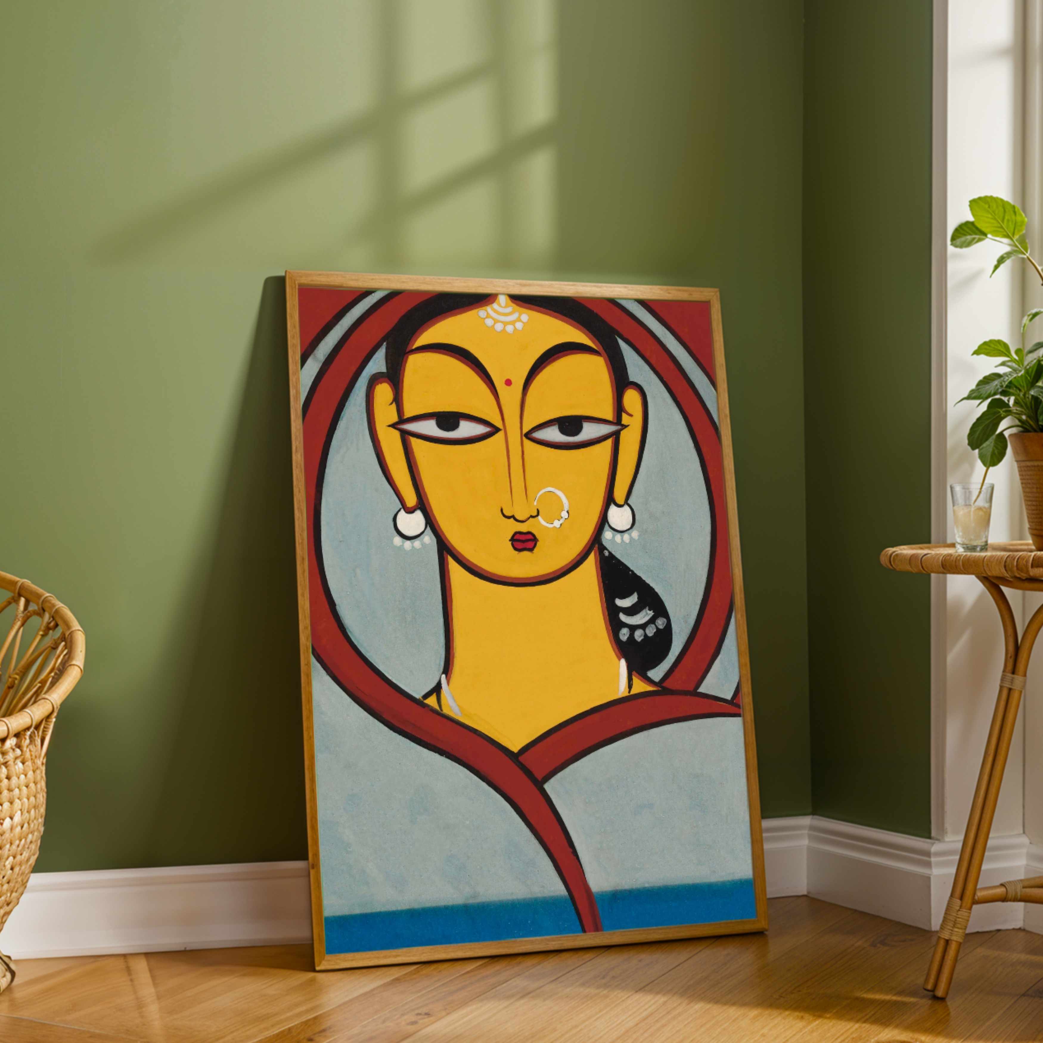 "Jamini Roy Masterpiece Portrait" Jamini Roy Painting | Fine Art Wall Art 2 : 3 Vertical Premium Wall Art Canvas by MeriDeewar