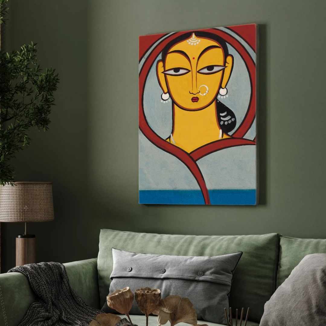 "Jamini Roy Masterpiece Portrait" Jamini Roy Painting | Fine Art Wall Art 2 : 3 Vertical Premium Wall Art Canvas by MeriDeewar