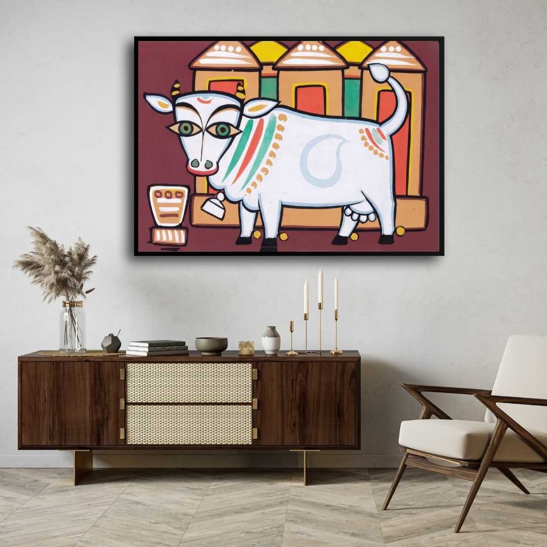 Jamini Roy Nandi Cow Painting for Living Room | Spiritual Indian Folk Art Print 3 : 2 Horizontal Premium Wall Art Canvas by MeriDeewar