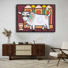 Jamini Roy Nandi Cow Painting for Living Room | Spiritual Indian Folk Art Print 3 : 2 Horizontal Premium Wall Art Canvas by MeriDeewar