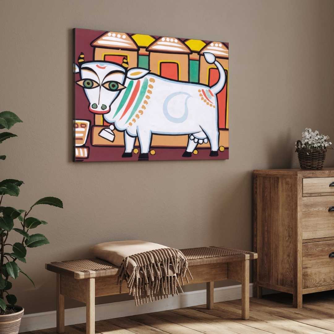 Jamini Roy Nandi Cow Painting for Living Room | Spiritual Indian Folk Art Print 3 : 2 Horizontal Premium Wall Art Canvas by MeriDeewar