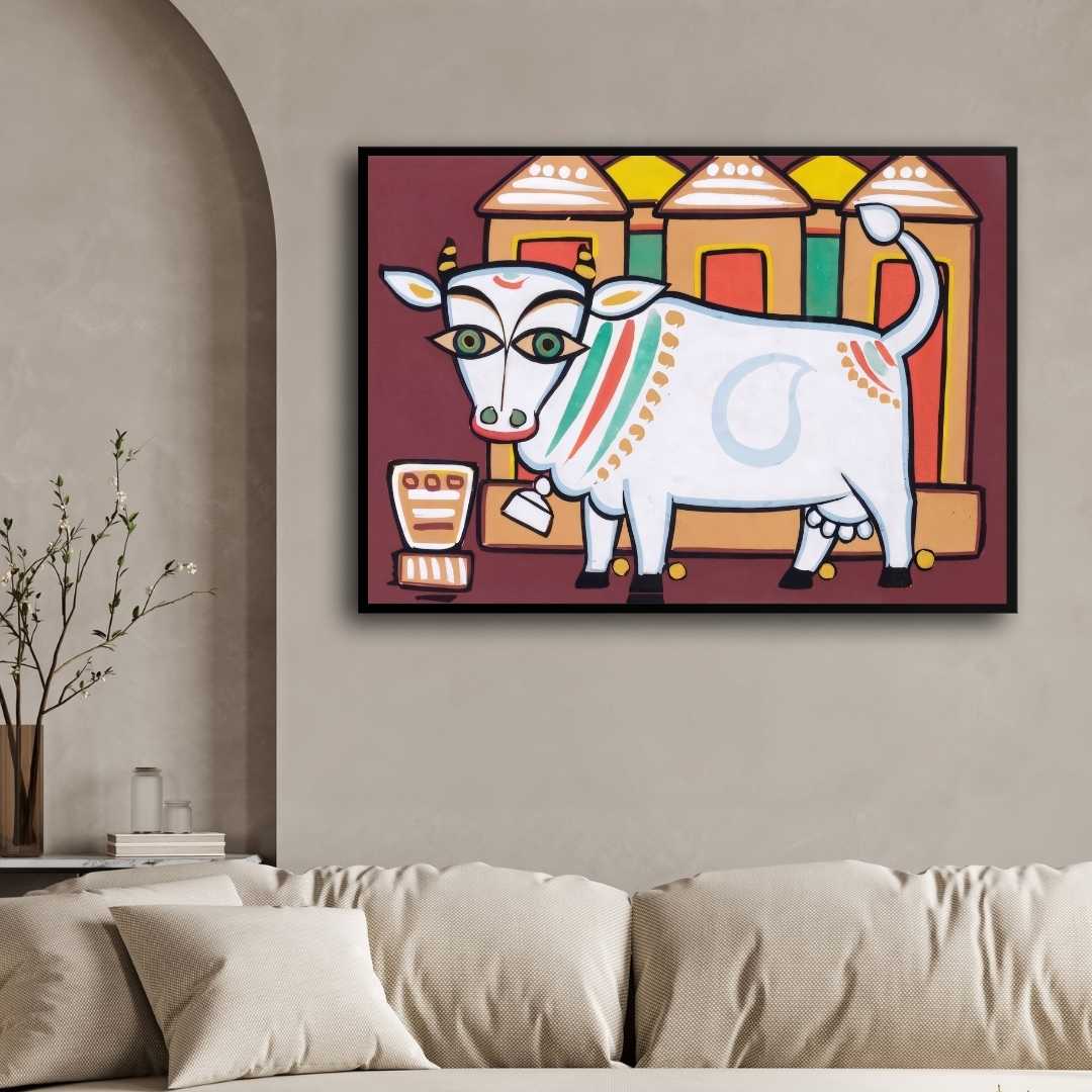 Jamini Roy Nandi Cow Painting for Living Room | Spiritual Indian Folk Art Print 3 : 2 Horizontal Premium Wall Art Canvas by MeriDeewar