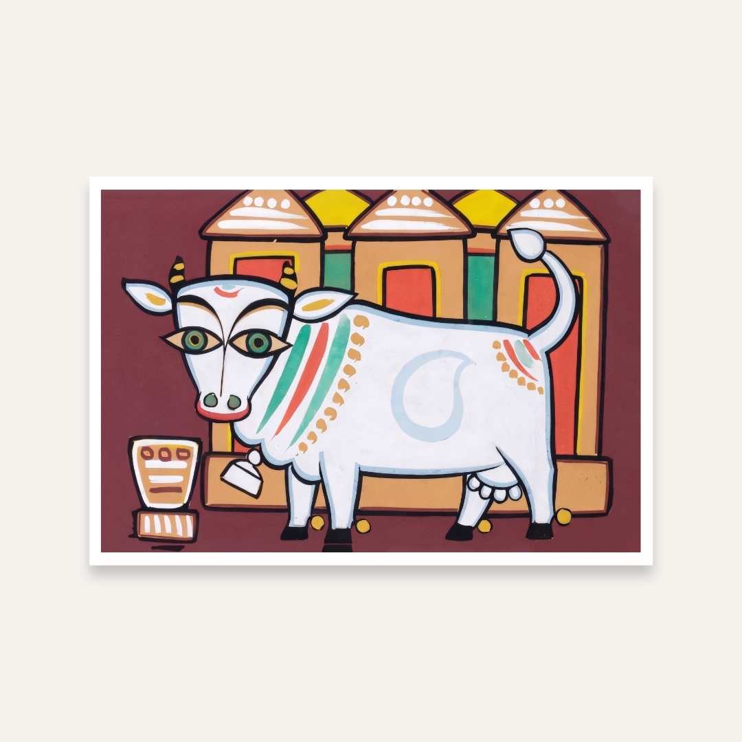 Jamini Roy Nandi Cow Painting for Living Room | Spiritual Indian Folk Art Print 3 : 2 Horizontal Premium Wall Art Canvas by MeriDeewar