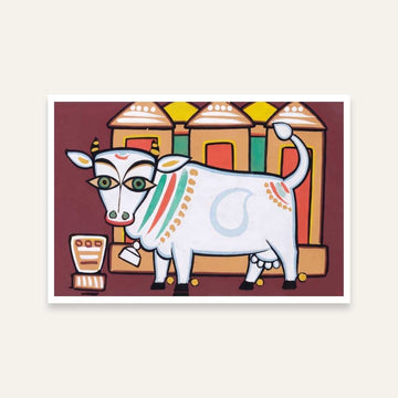 Jamini Roy Nandi Cow Painting for Living Room | Spiritual Indian Folk Art Print 3 : 2 Horizontal Premium Wall Art Canvas by MeriDeewar
