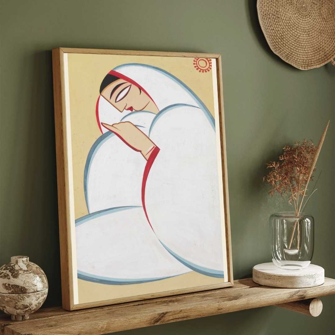 Jamini Roy Style Bengali Woman Painting for Living Room | Indian Modern Art Print 2 : 3 Vertical Premium Wall Art Canvas by MeriDeewar