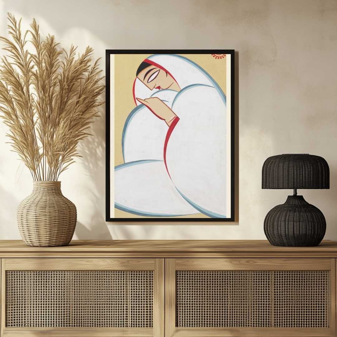 Jamini Roy Style Bengali Woman Painting for Living Room | Indian Modern Art Print 2 : 3 Vertical Premium Wall Art Canvas by MeriDeewar