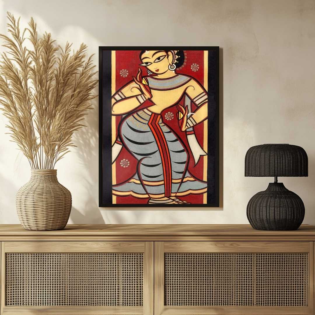 Jamini Roy Style Dancing Woman Painting for Living Room | Indian Folk Art Wall Decor 2 : 3 Vertical Premium Wall Art Canvas by MeriDeewar