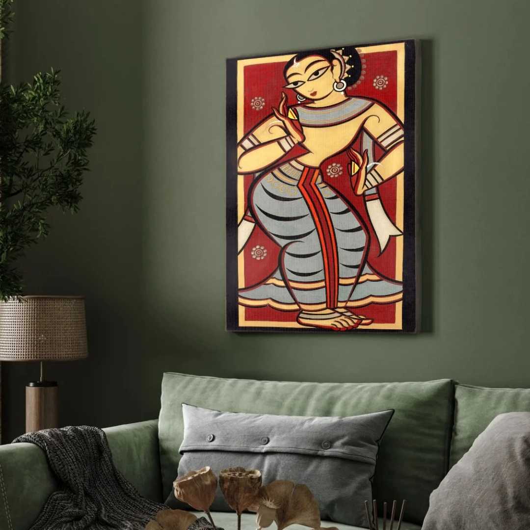 Jamini Roy Style Dancing Woman Painting for Living Room | Indian Folk Art Wall Decor 2 : 3 Vertical Premium Wall Art Canvas by MeriDeewar