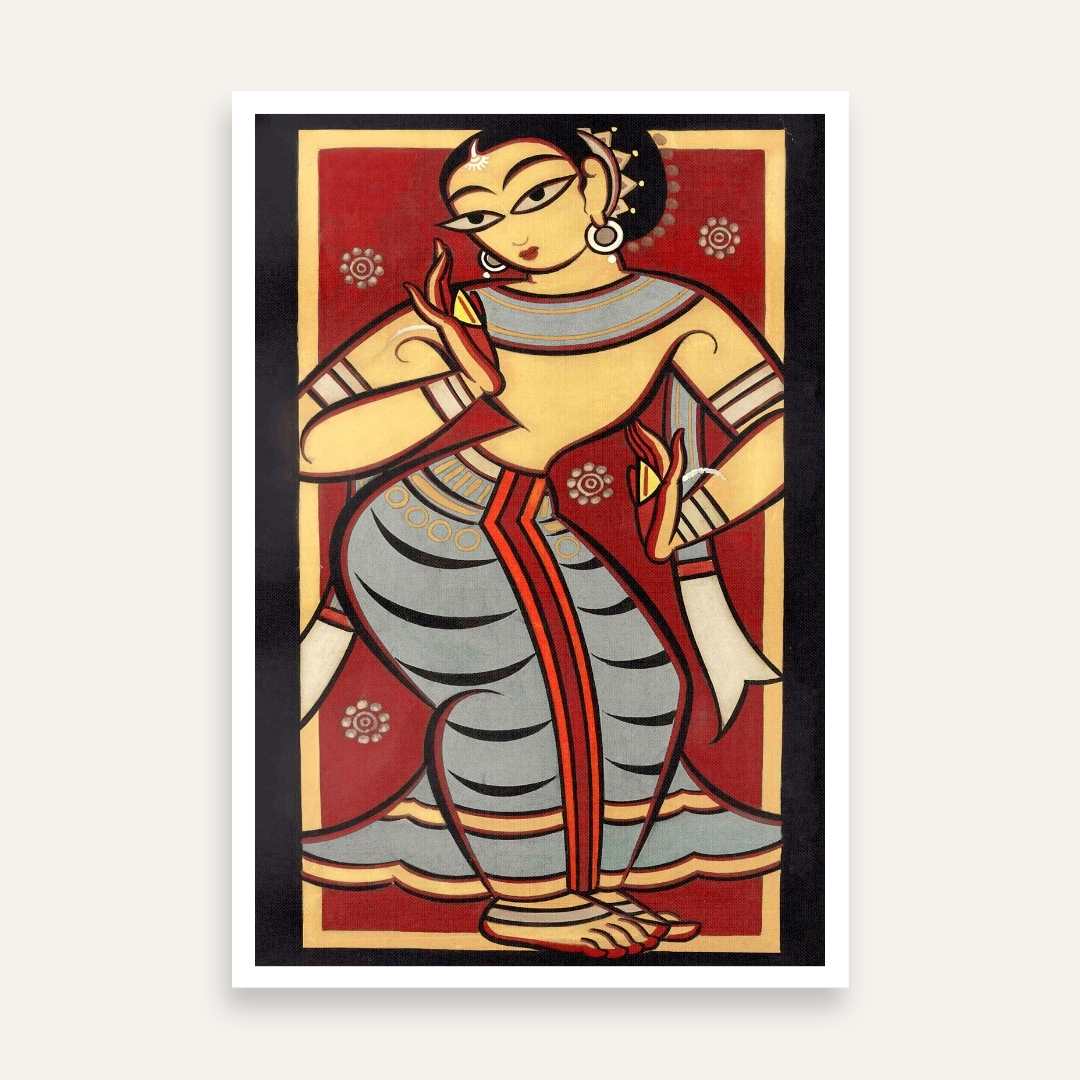 Jamini Roy Style Dancing Woman Painting for Living Room | Indian Folk Art Wall Decor 2 : 3 Vertical Premium Wall Art Canvas by MeriDeewar