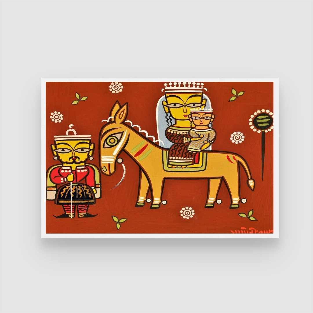 Jamini Roy Style Folk Art Painting for Living Room – Indian Traditional Wall Art | MeriDeewar 3 : 2 Horizontal Premium Wall Art Canvas by MeriDeewar