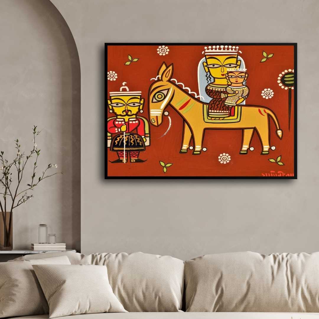 Jamini Roy Style Folk Art Painting for Living Room – Indian Traditional Wall Art | MeriDeewar 3 : 2 Horizontal Premium Wall Art Canvas by MeriDeewar