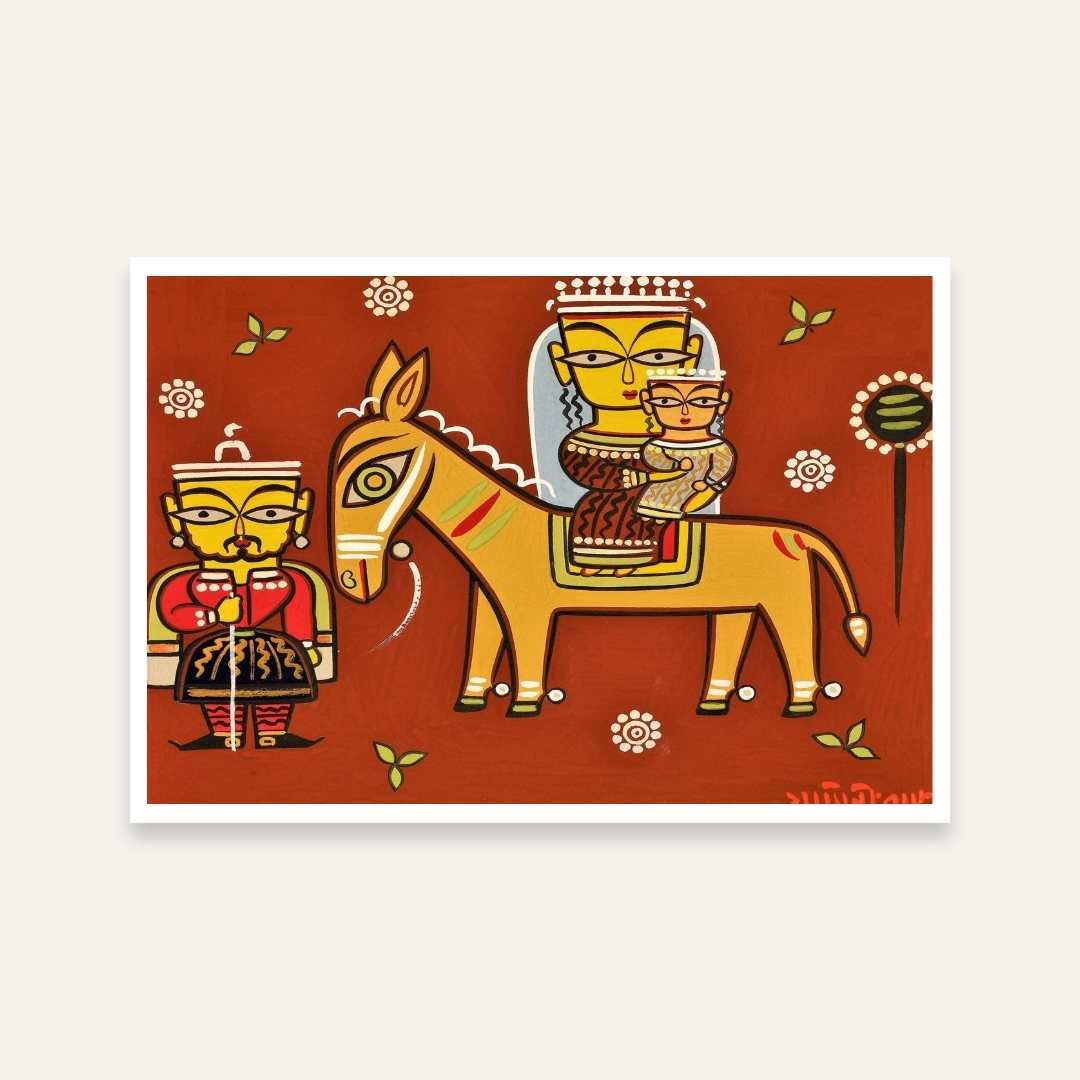 Jamini Roy Style Folk Art Painting for Living Room – Indian Traditional Wall Art | MeriDeewar 3 : 2 Horizontal Premium Wall Art Canvas by MeriDeewar