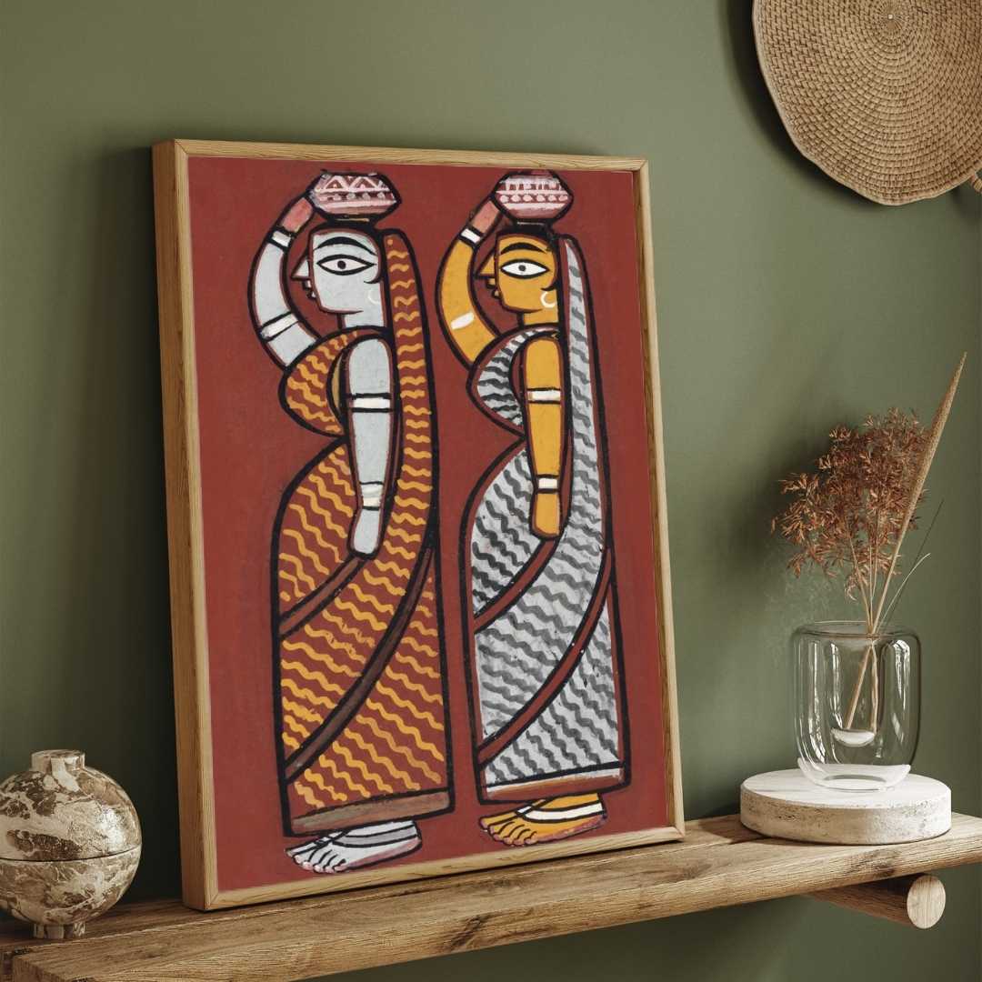 Jamini Roy Style Folk Art Painting for Living Room – Two Ladies with Pots | Wall Art India 2 : 3 Vertical Premium Wall Art Canvas by MeriDeewar