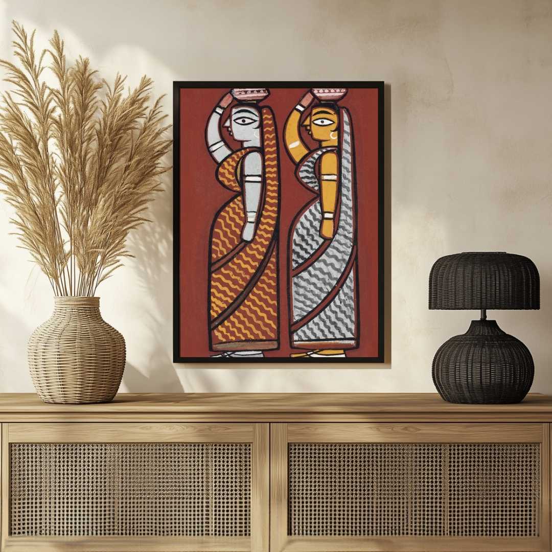 Jamini Roy Style Folk Art Painting for Living Room – Two Ladies with Pots | Wall Art India 2 : 3 Vertical Premium Wall Art Canvas by MeriDeewar
