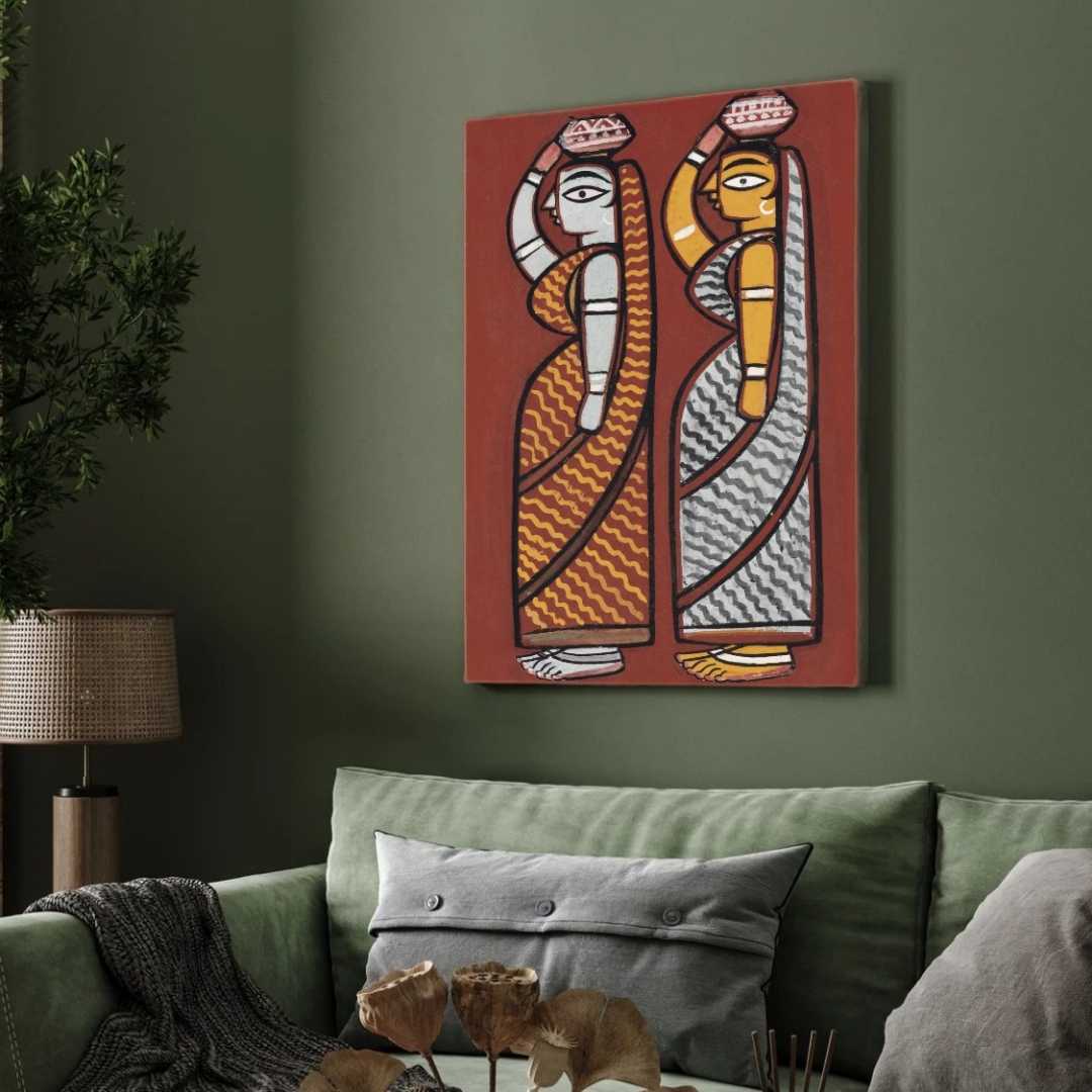 Jamini Roy Style Folk Art Painting for Living Room – Two Ladies with Pots | Wall Art India 2 : 3 Vertical Premium Wall Art Canvas by MeriDeewar