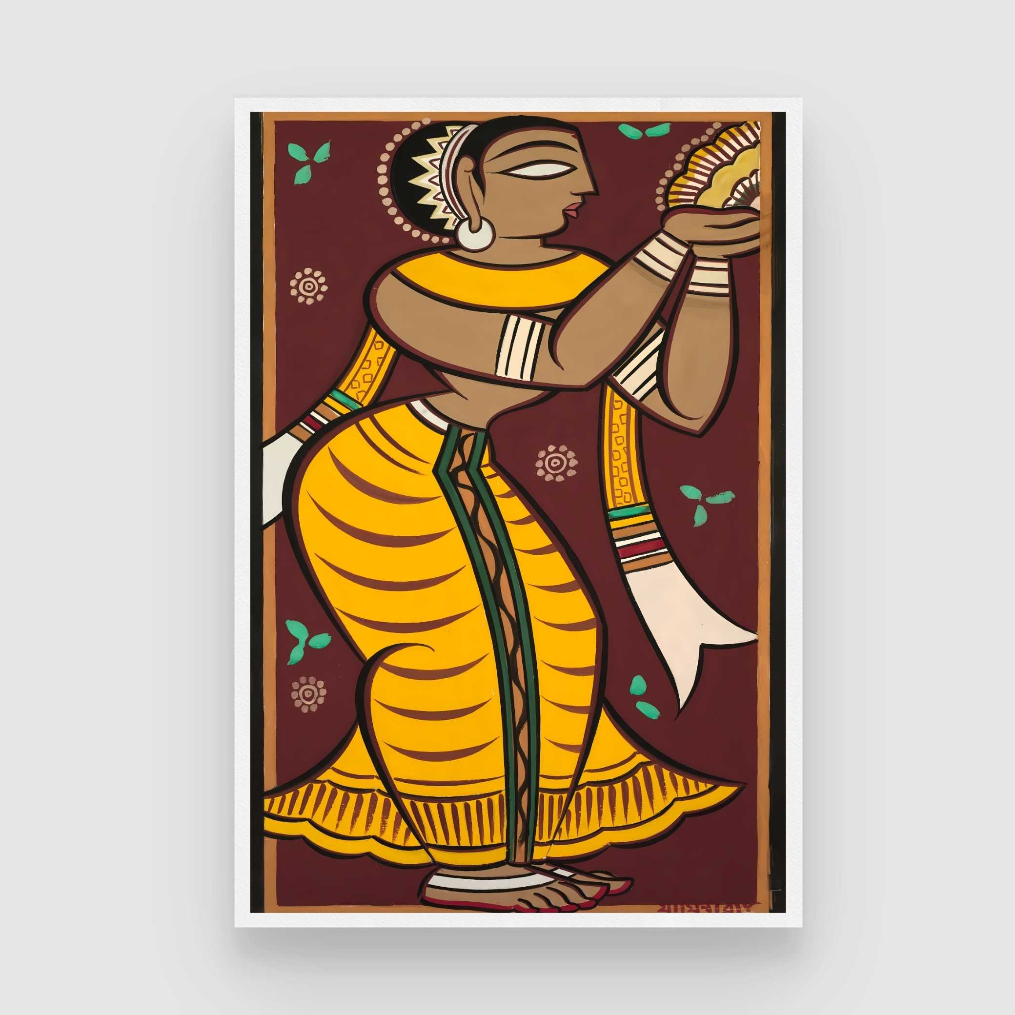 Jamini Roy Style Gopi Dancing Painting for Living Room | Indian Folk Art Wall Decor 2 : 3 Vertical Premium Wall Art Canvas by MeriDeewar