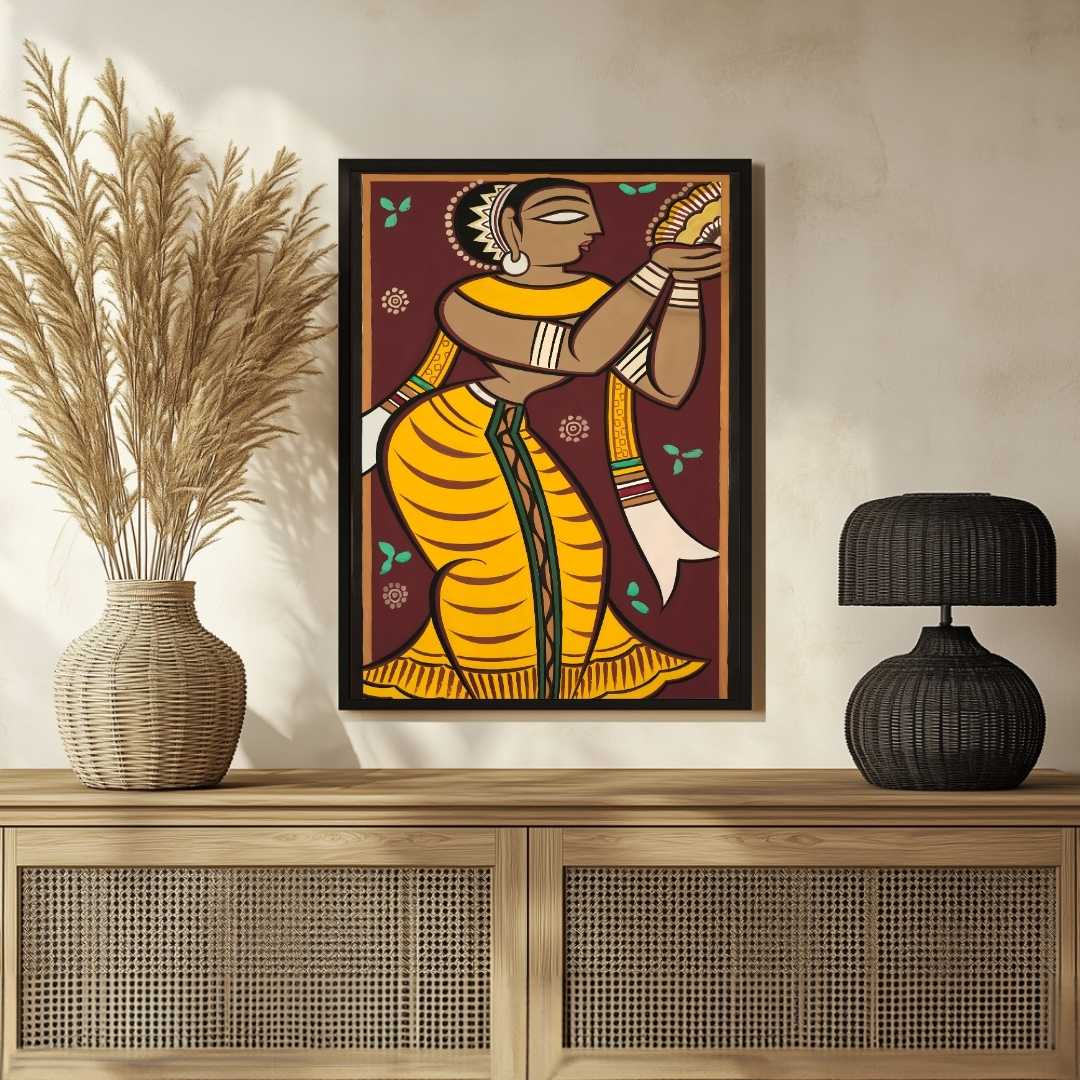 Jamini Roy Style Gopi Dancing Painting for Living Room | Indian Folk Art Wall Decor 2 : 3 Vertical Premium Wall Art Canvas by MeriDeewar