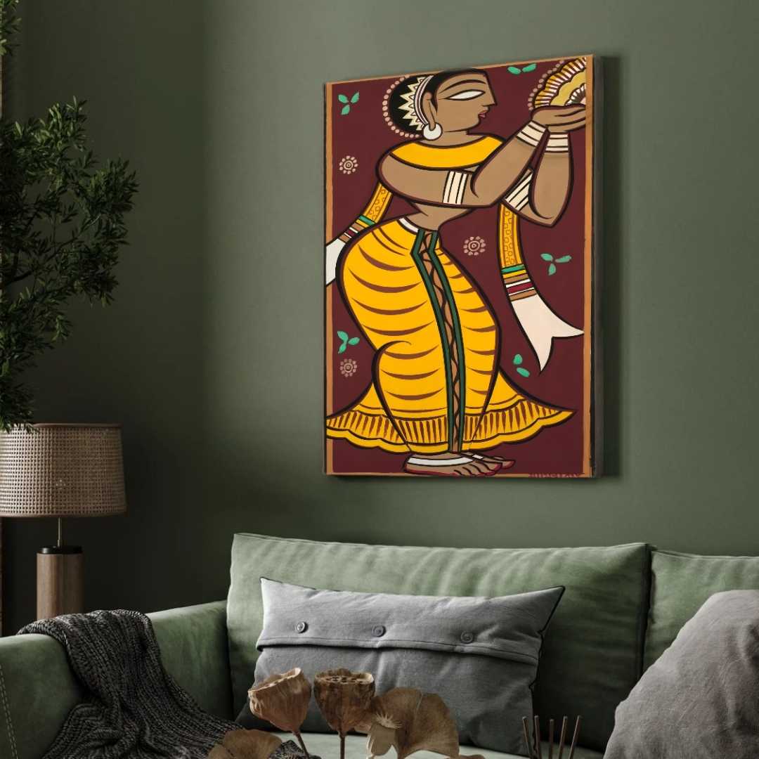 Jamini Roy Style Gopi Dancing Painting for Living Room | Indian Folk Art Wall Decor 2 : 3 Vertical Premium Wall Art Canvas by MeriDeewar
