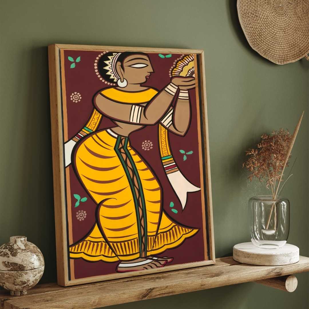 Jamini Roy Style Gopi Dancing Painting for Living Room | Indian Folk Art Wall Decor 2 : 3 Vertical Premium Wall Art Canvas by MeriDeewar