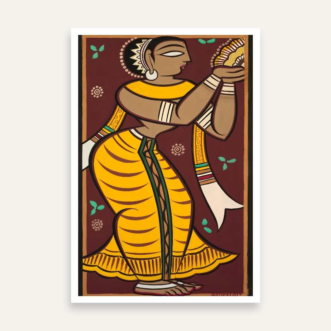 Jamini Roy Style Gopi Dancing Painting for Living Room | Indian Folk Art Wall Decor 2 : 3 Vertical Premium Wall Art Canvas by MeriDeewar