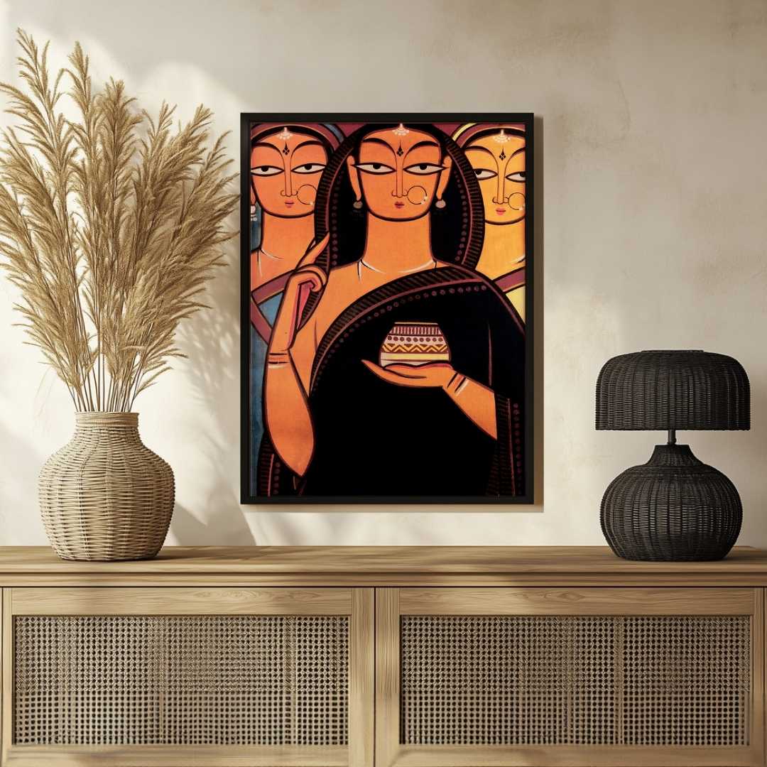 Jamini Roy Style Indian Bride Painting for Living Room | Traditional Folk Art Wall Decor 2 : 3 Vertical Premium Wall Art Canvas by MeriDeewar