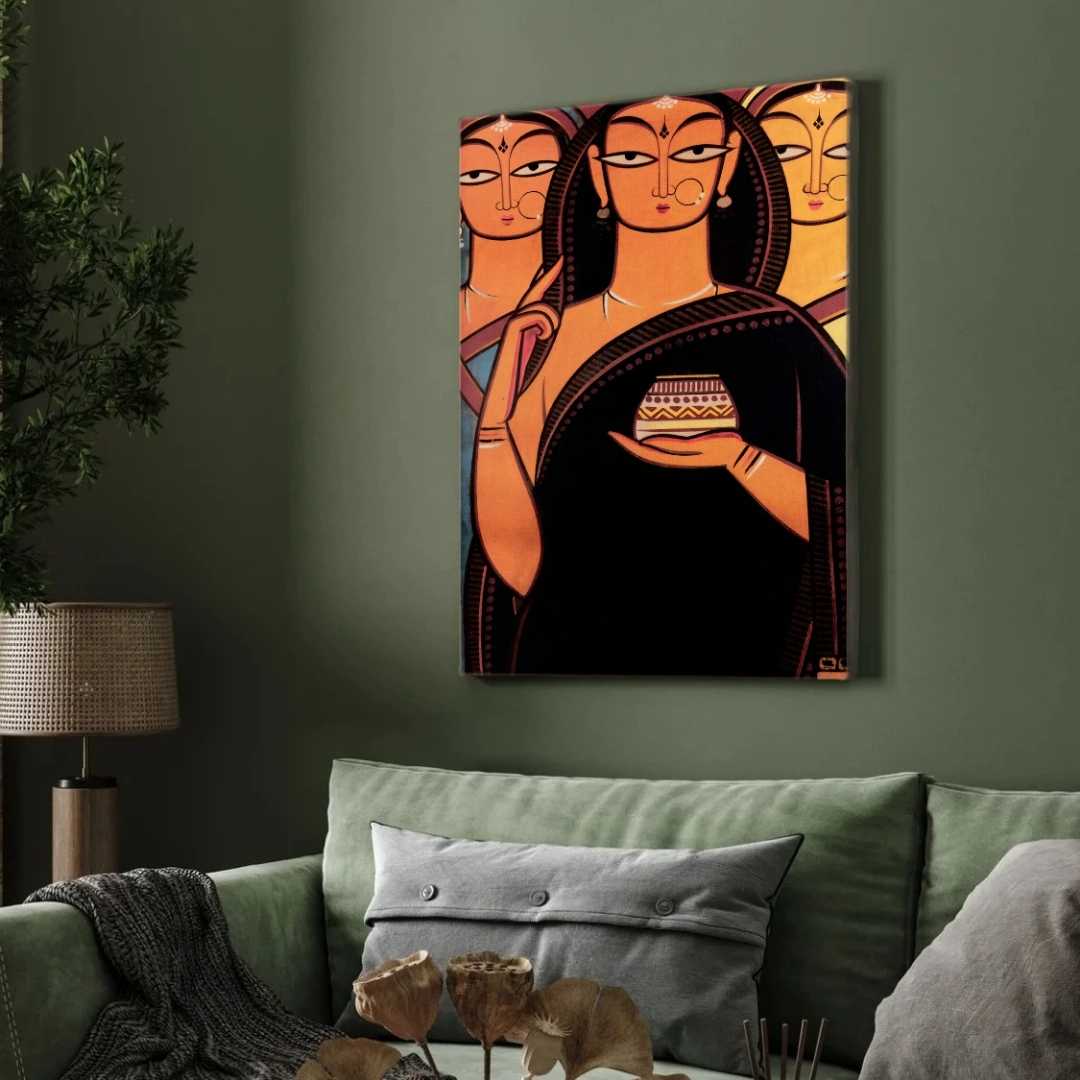 Jamini Roy Style Indian Bride Painting for Living Room | Traditional Folk Art Wall Decor 2 : 3 Vertical Premium Wall Art Canvas by MeriDeewar