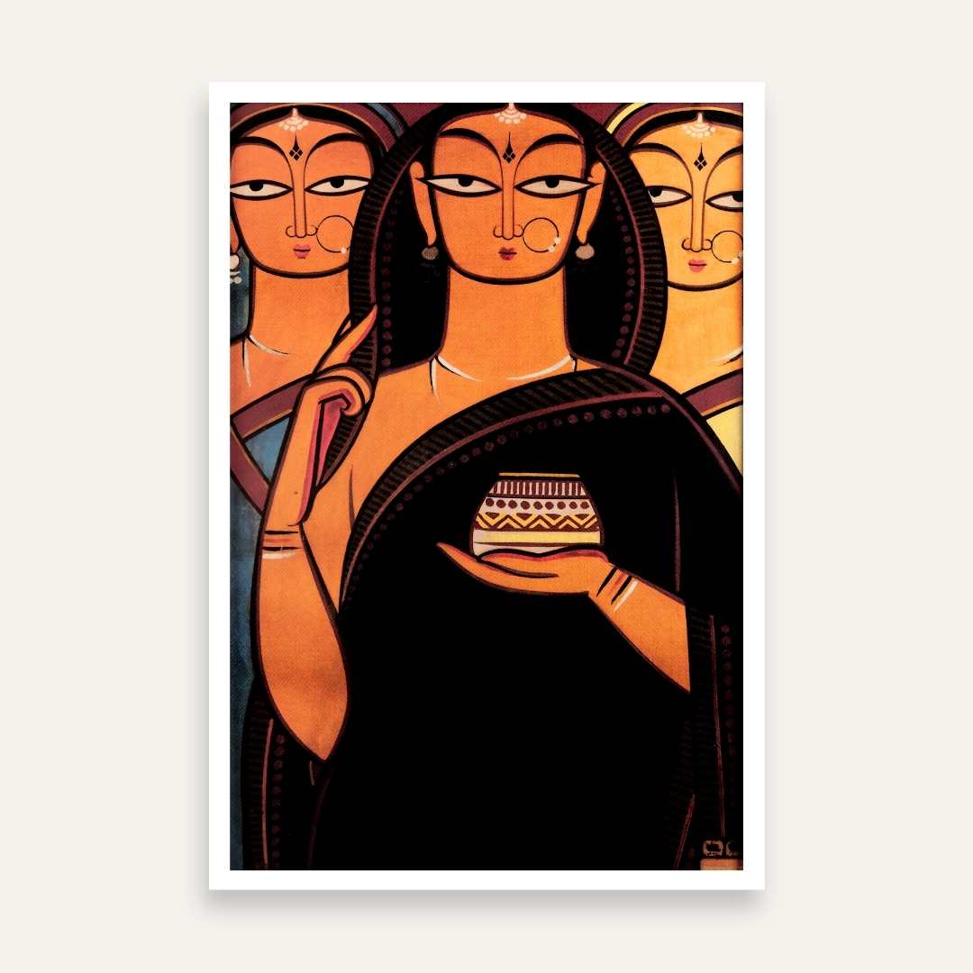 Jamini Roy Style Indian Bride Painting for Living Room | Traditional Folk Art Wall Decor 2 : 3 Vertical Premium Wall Art Canvas by MeriDeewar