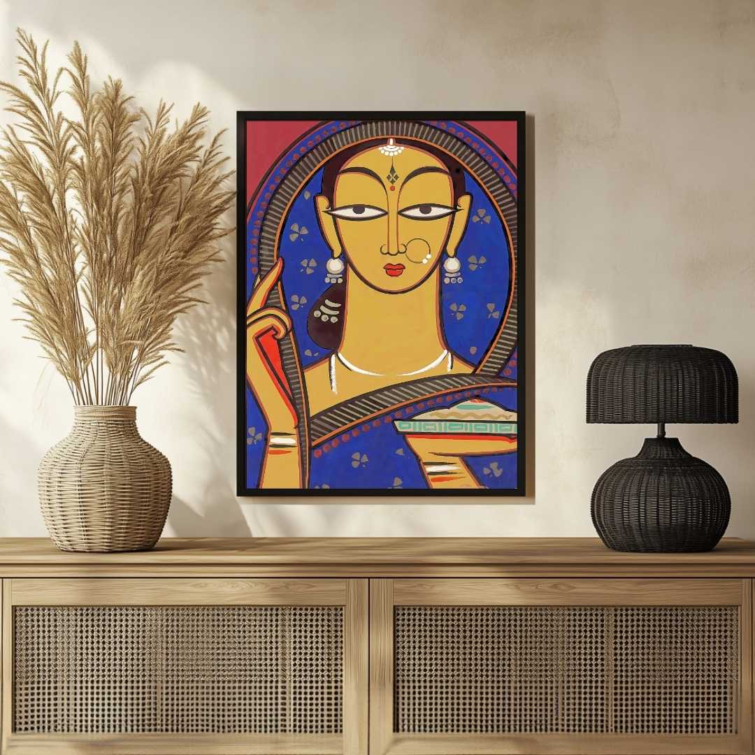 Jamini Roy Style Traditional Indian Lady Painting for Living Room | Folk Art Wall Decor 2 : 3 Vertical Premium Wall Art Canvas by MeriDeewar