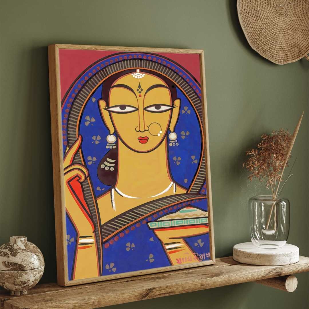 Jamini Roy Style Traditional Indian Lady Painting for Living Room | Folk Art Wall Decor 2 : 3 Vertical Premium Wall Art Canvas by MeriDeewar