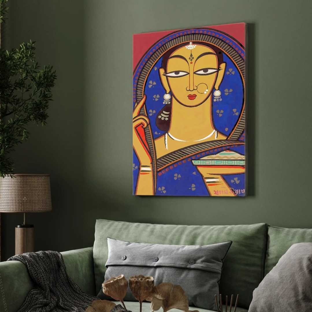 Jamini Roy Style Traditional Indian Lady Painting for Living Room | Folk Art Wall Decor 2 : 3 Vertical Premium Wall Art Canvas by MeriDeewar