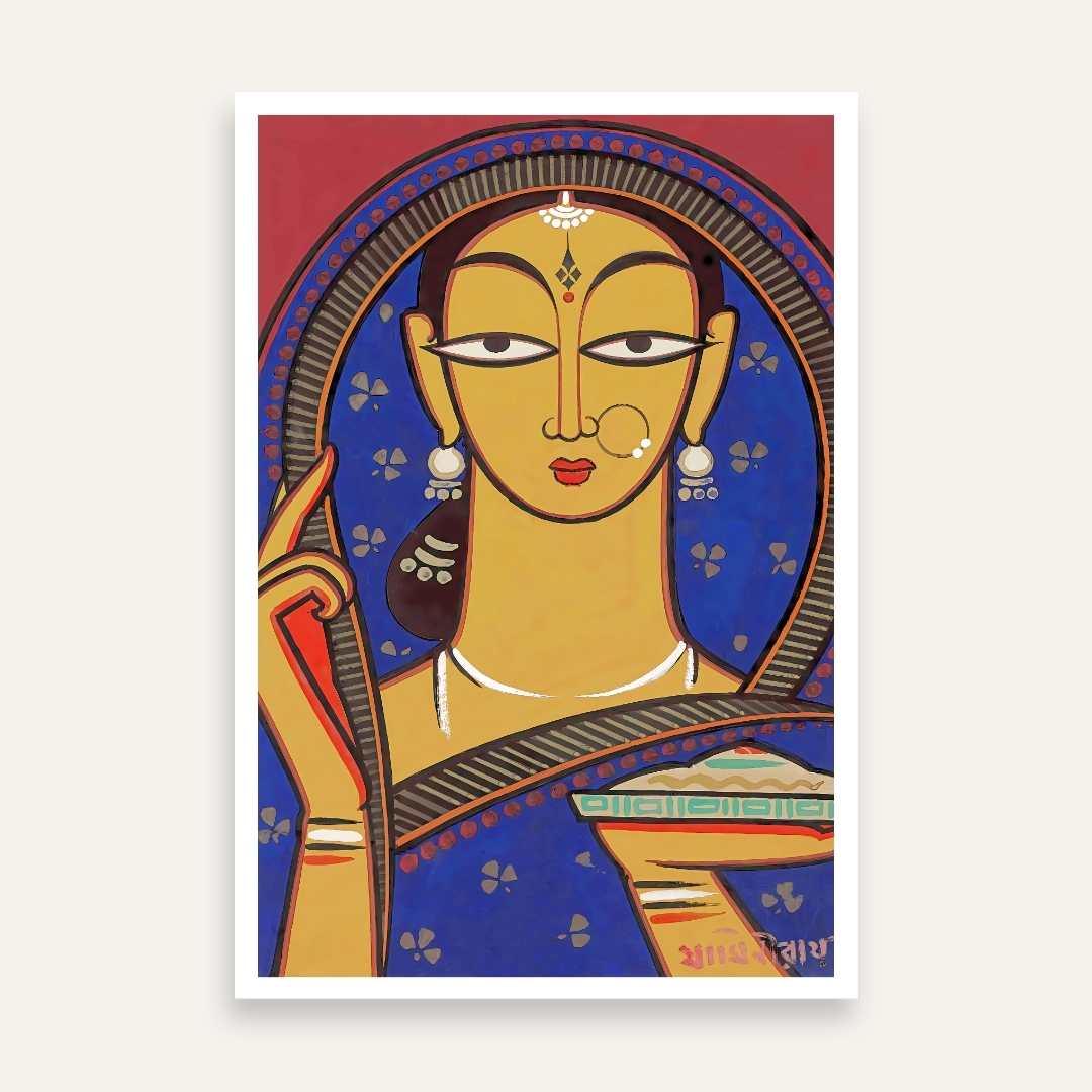 Jamini Roy Style Traditional Indian Lady Painting for Living Room | Folk Art Wall Decor 2 : 3 Vertical Premium Wall Art Canvas by MeriDeewar