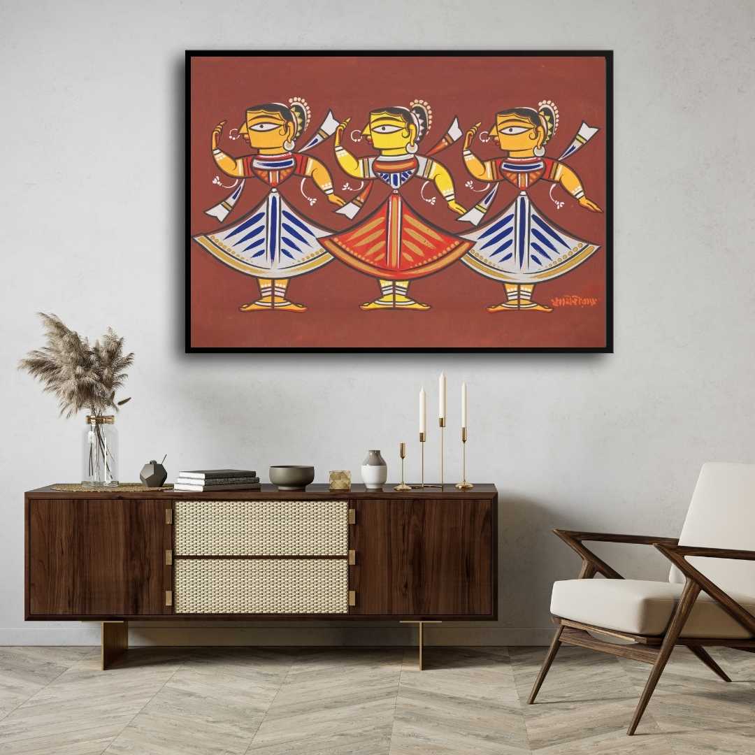 Jamini Roy Three Dancers Painting – Indian Folk Art Wall Art for Living Room | MeriDeewar 3 : 2 Horizontal Premium Wall Art Canvas by MeriDeewar