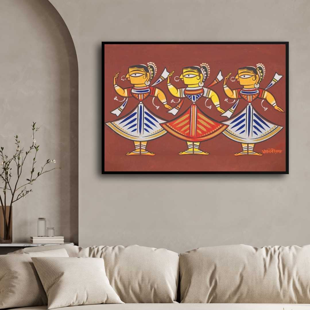 Jamini Roy Three Dancers Painting – Indian Folk Art Wall Art for Living Room | MeriDeewar 3 : 2 Horizontal Premium Wall Art Canvas by MeriDeewar