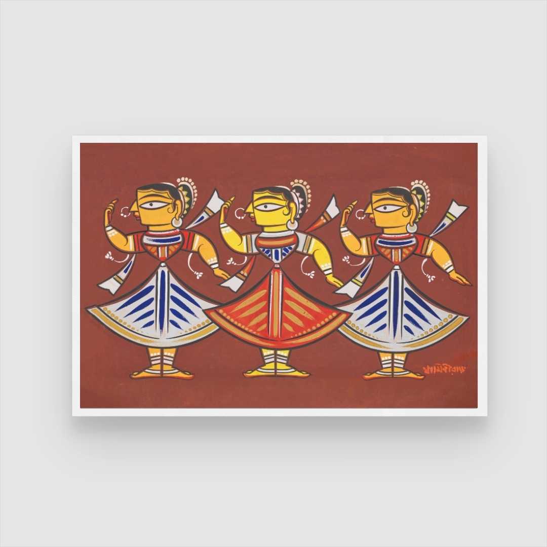 Jamini Roy Three Dancers Painting – Indian Folk Art Wall Art for Living Room | MeriDeewar 3 : 2 Horizontal Premium Wall Art Canvas by MeriDeewar