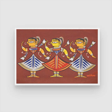Jamini Roy Three Dancers Painting – Indian Folk Art Wall Art for Living Room | MeriDeewar 3 : 2 Horizontal Premium Wall Art Canvas by MeriDeewar