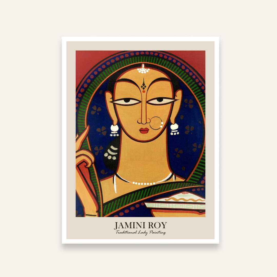 Jamini Roy Traditional Lady Painting – Indian Folk Art Wall Art for Living Room | MeriDeewar 3 : 4 Vertical New Premium Wall Art Canvas by MeriDeewar