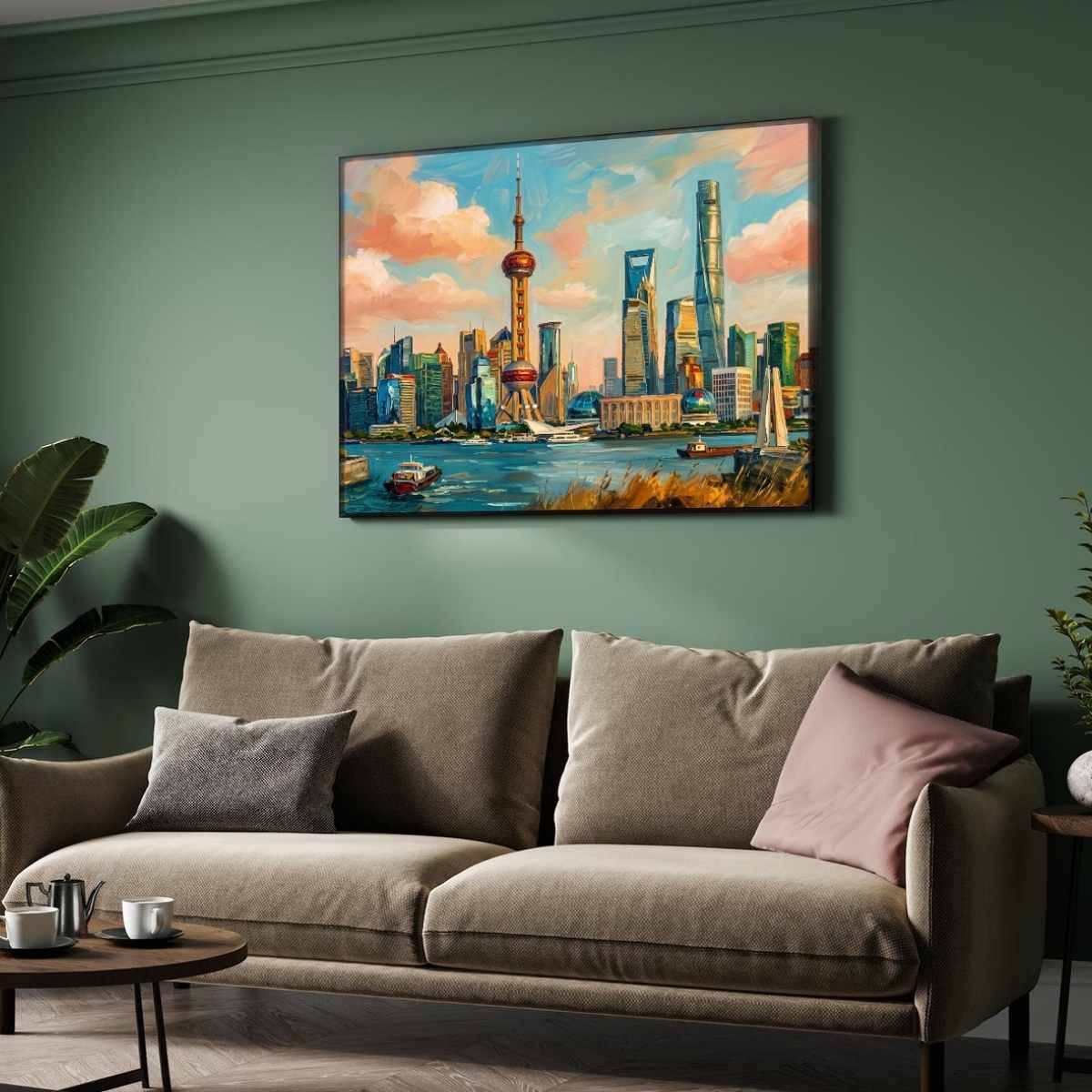 "Shanghai Riverside Horizon" City Skyline Architecture Giclée Print | Fine Art Wall Art 2 : 3 Horizontal Premium Wall Art Canvas by MeriDeewar