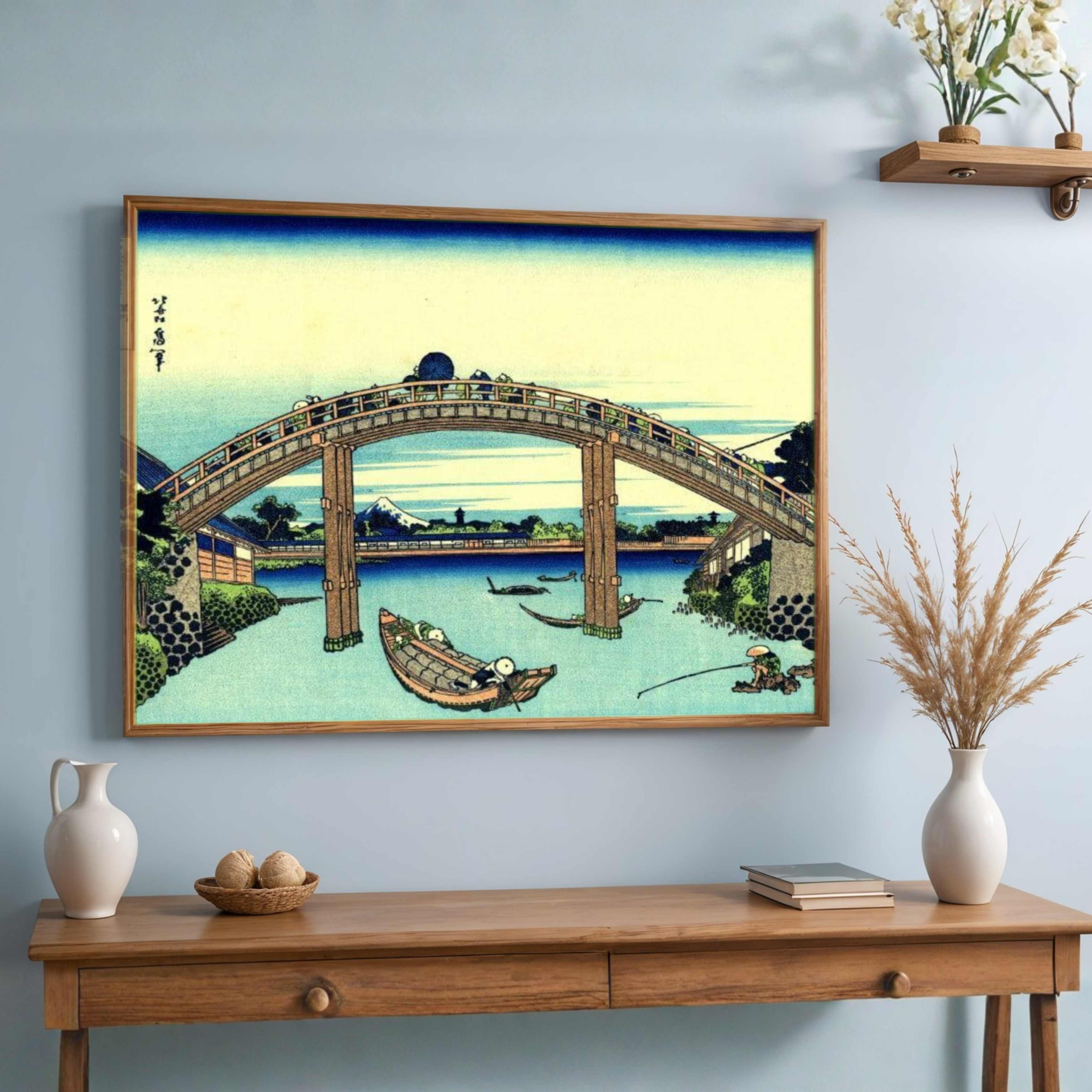 Japanese Bridge Scenery Painting for Living Room | Mount Fuji Wall Art | Hokusai Print 3 : 2 Horizontal Premium Wall Art Canvas by MeriDeewar