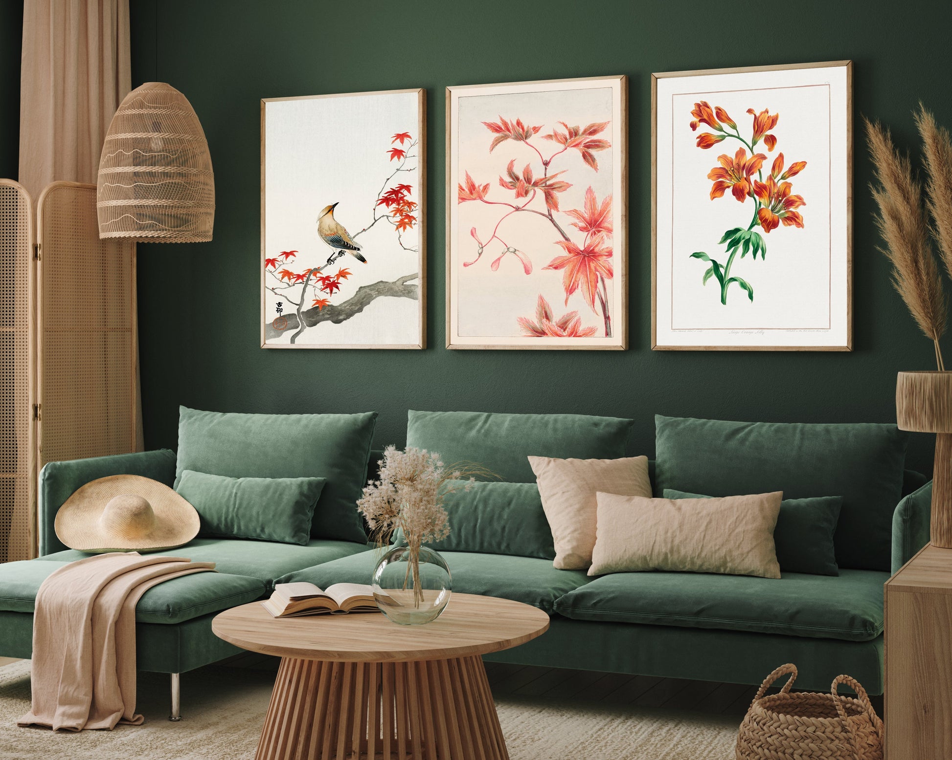 Japanese Flower Set of 3 Paintings Walls Premium Wall Art Canvas by MeriDeewar