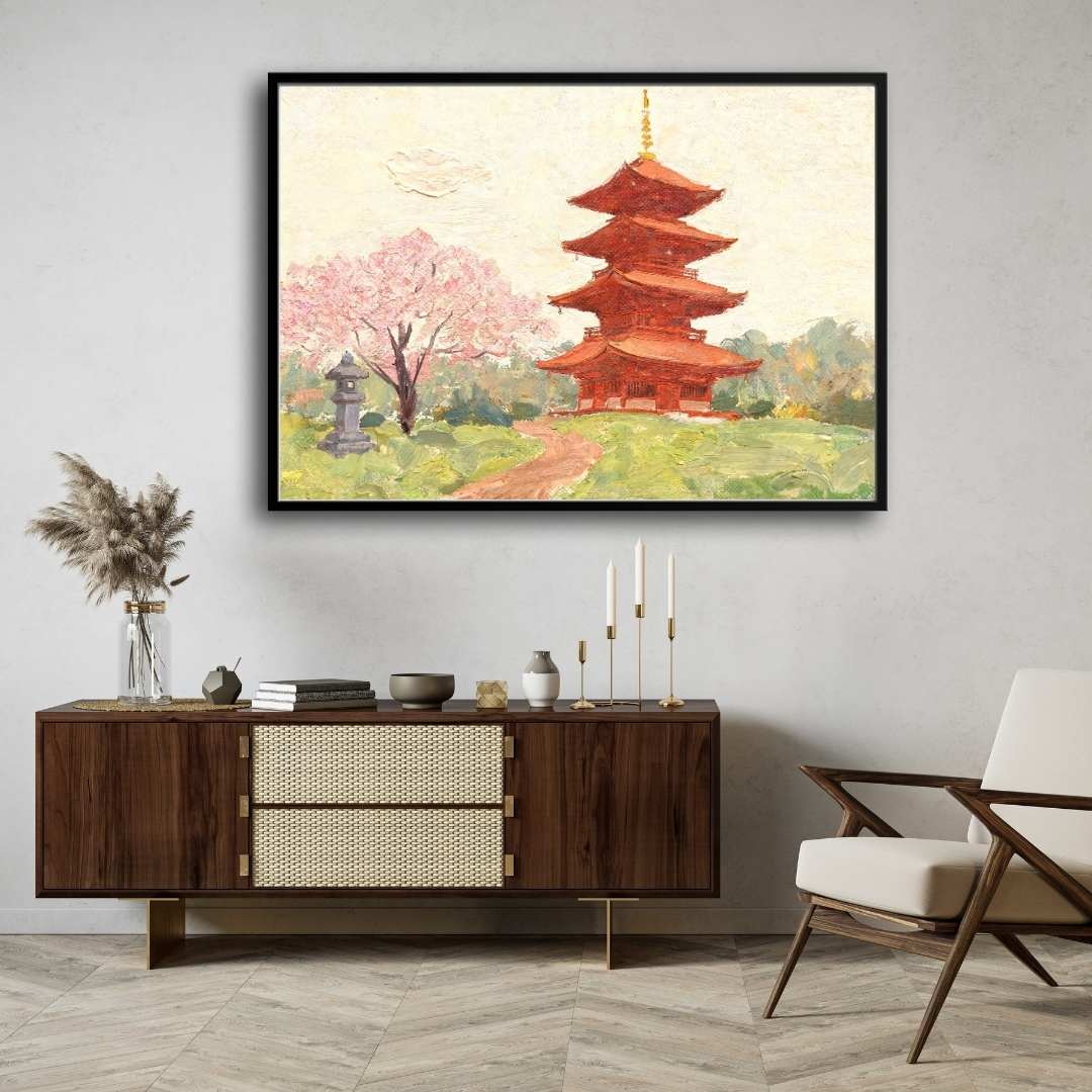 Japanese Pagoda and Cherry Blossom Painting | Horizontal Landscape Framed Wall Art 2 : 3 Horizontal Premium Wall Art Canvas by MeriDeewar