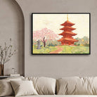 Japanese Pagoda and Cherry Blossom Painting | Horizontal Landscape Framed Wall Art 2 : 3 Horizontal Premium Wall Art Canvas by MeriDeewar