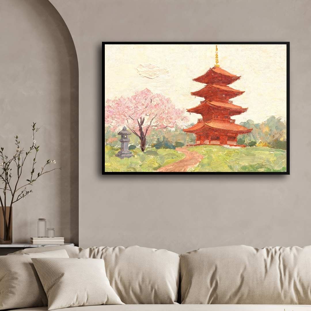 Japanese Pagoda and Cherry Blossom Painting | Horizontal Landscape Framed Wall Art 2 : 3 Horizontal Premium Wall Art Canvas by MeriDeewar